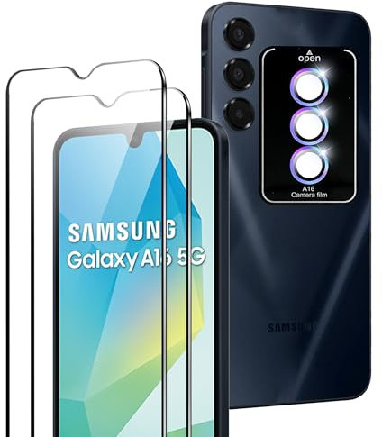 Rojeuinn Protector de Pantalla para Samsung Galaxy A16 5G/4G,2 Pack Cristal Vidrio Templado+3 Piezas Película Protectora de Cámara Trasera a Color,Sin Burbujas,Anti-Rayado,Super Resistente,Dureza 9H
