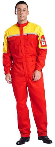 Fldy Herren Arbeitsoverall Mit Reflektierend-Streifen Werkstatt Mechanisch Overall Handwerker Arbeitskleidung Mit Vielen Taschen Rot&Gelb XL