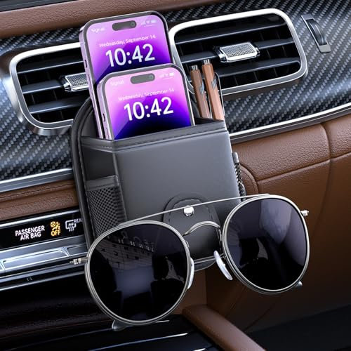 iLulala Car Air Vent Storage Bag Organizer Pocket, Sunglass Holder Car Mount Phone Holder Coin Key Card Case Organizer with Clip, Car Air Vent Phone Holder Coin Key Card Case Organizer. (Black)