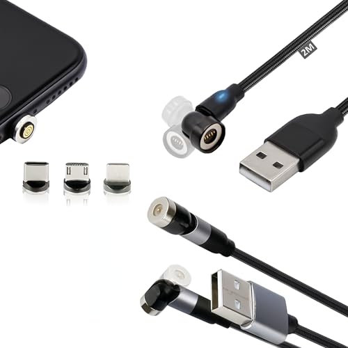 2 Metri di 2 Cavo Ricarica Magnetico Rotante 360° 3 IN 1, Cavo USB Tipo C, Micro, IOS Lightning Ricarica Rapida Connettore con Base Rotante, Cavo USB Type-C per Trasferimento Dati per Samsung Huawei