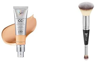 IT Cosmetics, Lot de 2 produits, Crème CC+ Anti-Âge Your Skin But Better, Haute Couvrance, Waterproof, Fini Naturel, 32 ml, Teinte Neutral Medium + Heavenly Luxe #7, Pinceau Double Embout