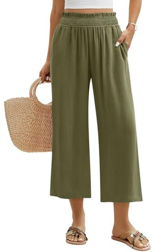 Niwicee Leinenhose Damen Hose Sommer 3/4 Culotte Weite Bein Sommerhose Elastische High Waist Leichte Loose Freizeithose Elegante Lounge Hosen mit Taschen (Grün, M)