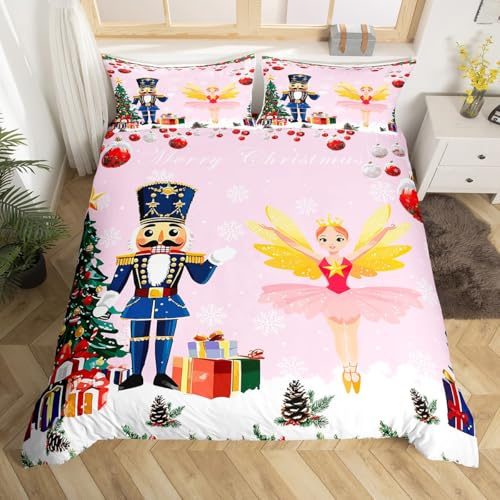 Homemissing Christmas Duvet Cover Boys Girls Single Size Nutcracker Christmas Bedding Set Ultra Soft Cute Cartoon Comforter Cover Set Nutcracker Bedspread Cover Snowflake Bedclothes (No Comforter)