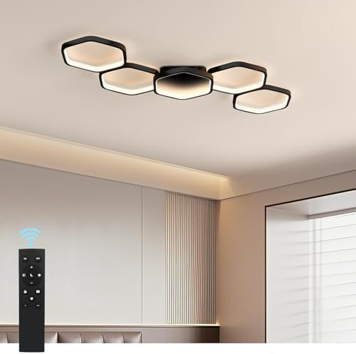 Yuanfenghua LED Deckenleuchte, Deckenlampe Dimmbar mit Fernbedienung Farbwechsel, Wohnzimmerlampe Schlafzimmer moderne Deckenbeleuchtung Kronleuchter Lampe, 90cm, Schwarz