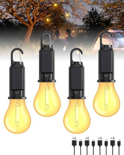 Lámpara Camping Recargable, Linterna de Camping Portátil LED Bombilla de Camping con 3 Modos de Iluminación, Luz Camping Solar Recargable para Camping Tienda de Campaña Pesca Senderismo, 4 PCS