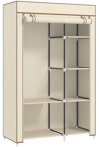 HOMCOM Fabric Wardrobe, Portable Wardrobe with 6 Shelves, 1 Hanging Rail, Foldable Closets, 103 x 43 x 162.5 cm, Cream White