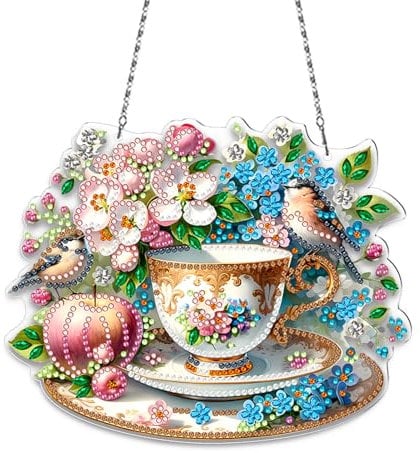 Frühling Diamond Painting Erwachsene,5D Diamond Art Painting Hängende Anhänger Kit,DIY Blumen Painting Türkranz mit Kette,Diamant Painting Fensterbilder,Wandbehang Kits für Fenster Wand Decor (6)