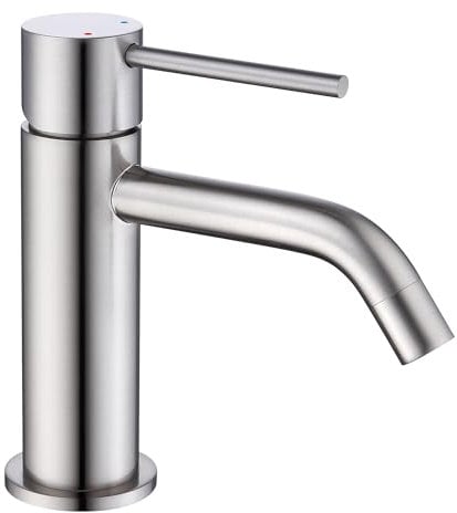 Friota Satin Nickel Basin Mixer Taps with G1/2” Hot and Cold Hose, Modern Single Handle Lead Free Deck Mounted Tap for Bathroom Sink, Brushed Nickel Bathroom Tap