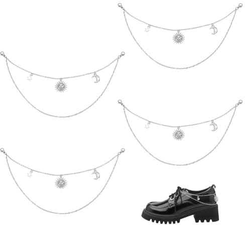 WADORN 4 Stück Schuhketten Silber Doppelstiefelkette Sonne Mond Stern Anhänger Für Damen Sockenriemen Funkelnde Dekorative Kette Für Turnschuhe Clogs Sandalen Freizeitschuhe Hosen Jeans Taschen Dekor