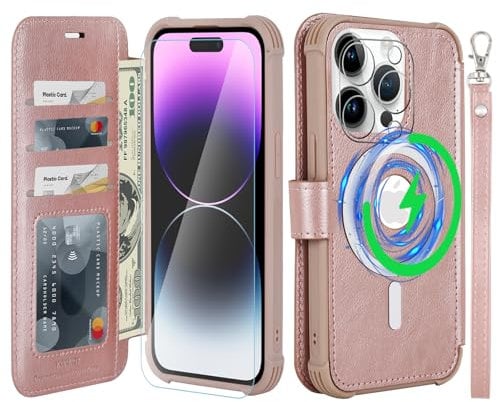 VANAVAGY Wallet Case Compatible for iPhone 14 Pro Max for Magsafe Wireless Charging,Leather Flip Wrist [Glass Screen Protectors]with RFID Blocking Card Holder,Rose gold