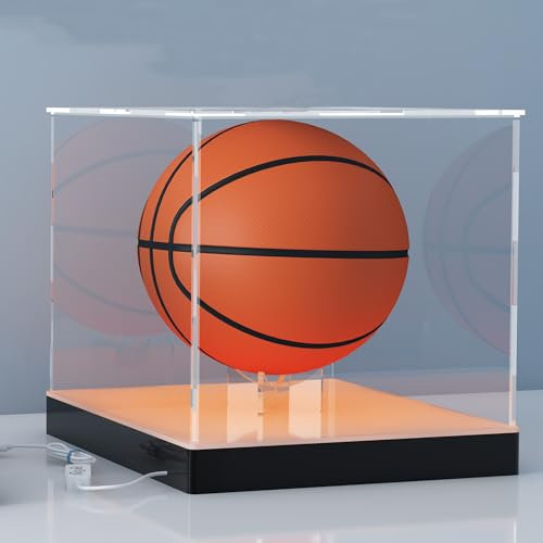 Acryl-Vitrine mit USB-RGB-LED-Beleuchtungsbasis, Dual-Ball-Ständer, App- und Schlüsselsteuerung, kristallklare Displaybox für Basketball und Mini-Helm, 30 x 20 x 20 cm