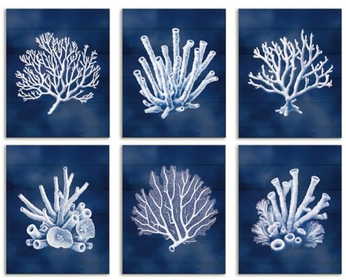 DOODLREAM 6 Packung Korallen Wandkunst Ungerahmt Wasserfest Leinwand 20 x 25cm Ocean Marineblau Küsten Leinwand Wand Poster Für Strand Badezimmer Home Office Decor