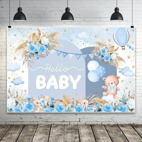MIRRORANG 4.2x3m Babyparty-Hintergrund: Blauer Bär, Heißluftballon, Blumen, goldene Glitzersterne, Fotohintergrund für Kinder, Jungen und Mädchen, Partydekoration, Fotoautomat, Studio-Requisite