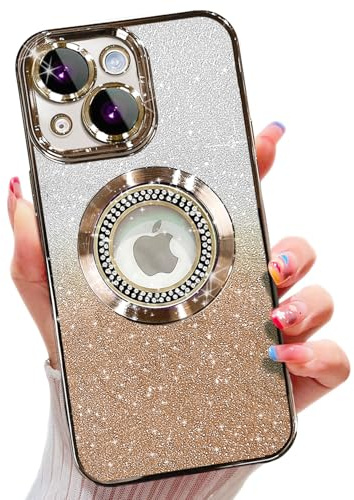 Misscase Glitter for iPhone 13 Magnetic Case,Cute Full Protection Slim Shockproof Anti-Scratch Bling Sparkly Case with Camera Lens Protector, Logo View Dust-Proof Net for Women Gold
