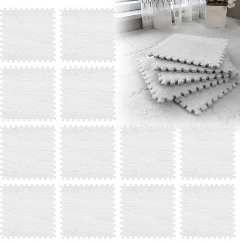 LUPATDY 12 Stück Ineinandergreifende Plüsch Schaumstoffmatte, 30x30cm Schaumstoff Puzzle Matten, Flauschige Wohnzimmer Schlafzimmer Teppichfliesen, Bodenfliesen Für Spielz, Weiß
