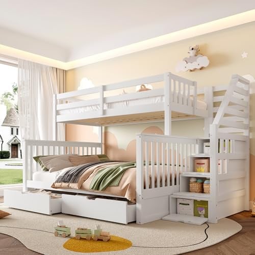 Zravenna Hochbett Etagenbett 90x200cm+140x200cm mit Große Schubladen, Stauraumtreppe und Sicherheitszaun, Multifunktionsbett Kinderbett für 2 Kinder (Weiß-3)