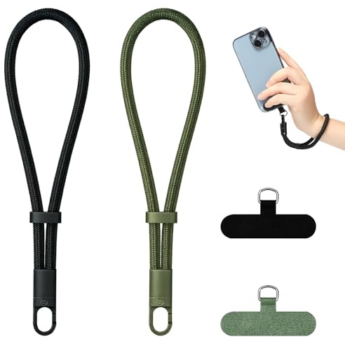 Sariputa 2 Piezas Cuerda Para Movil Corta Con Colgante Universal, Correa De Muñeca 19,5 cm, Lanyard Corto Para Teléfono Con 2 Parches Universales (Negro Y Verde Oscuro / 2 Negro)