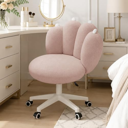 XUEGW Adorable Katzenpfoten-Toilettstuhl mit Teddyfleece,armfreier Plüschtürmstuhl mit Rädern,höhenverstellbarer Mittelrücken-Computertaskstuhl für Schlafzimmer und Wohnzimmer(Rosa)