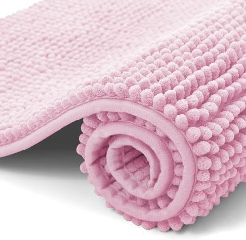 OLANLY Chenille Badematte rutschfest Badezimmerteppich, 40x60 cm | Waschbar Badteppich Badvorleger Saugfähige Duschvorleger Badezimmer Deko, Rosa