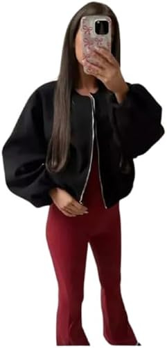 Seemefashion Womens Zip Bomber Jacket Ladies Long Balloon Puff Sleeve Pocket Zipper Jumper Crop Top
