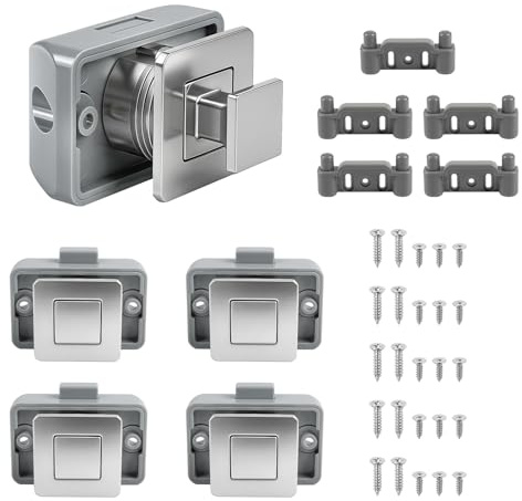 Supaway Pack of 5 Camping Drawer Locks, Square Metal Locks | Chrome Zip Metal Push Button Drawer Lock for RV Boat Yacht Chrank Door Compartment Cabinet