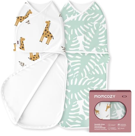 Momcozy Pucksack Baby 0-3 Monate Bambus 2er-Pack, Giraffe und Blätter | Bambus-Viskose, reduziert den Schreckreflex, Leiser Klettverschluss, Hüftgesund, 2er-Pack, waschbar