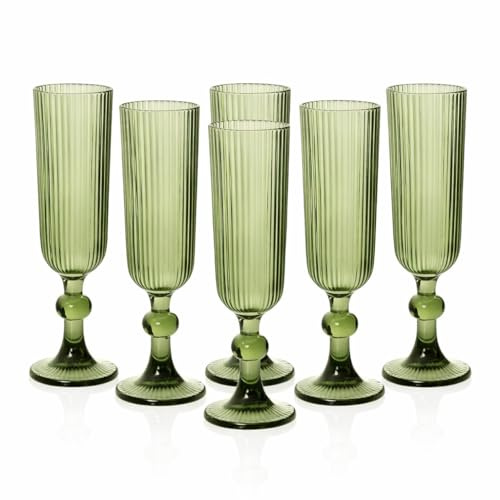 MECSAL CASALINGHI Set 6 Calici Flute in Vetro Rigato 155 ml – Calici Champagne e Aperitivo Eleganti, Design a Righe, Vetro Colorato, Lavabili in Lavastoviglie (Verde)