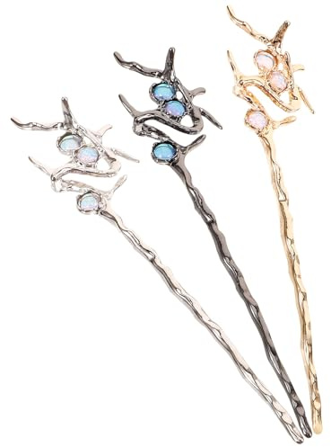 CTIRCHIU 3pcs Chinese Hair Chopsticks Hair Accessories Metal Sticks with Gemstone Inlay Vintage Jewelry for Women Set for Bun and Updo