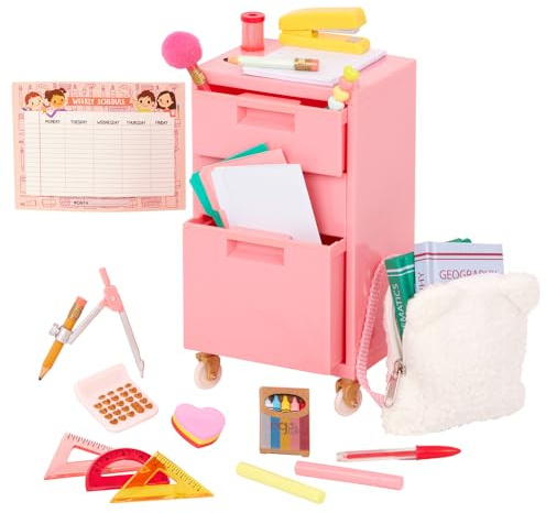 Our Generation – Schulzubehör für 46 cm Puppe – Rollbarer Aktenschrank, Rucksack, Bücher, Stifte – Ready, Set, Learn