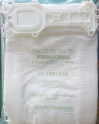 FL135 Confezione 6 Pezzi Sacchetti in Microfibra ASPIRAPOLVERE di Ricambio Compatibile con: Marca : VORWERK Folletto Modello : Kobold VK 135, VK 136