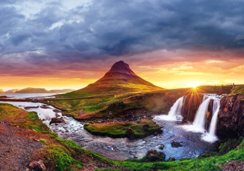 wandmotiv24 Fototapete Island Landschaft, Kirkjufell Berg, XL 350 x 245 cm - 7 Teile, Wanddeko, Wandbild, Wandtapete, Sonnenaufgang, Wasserfall, Abendstimmung M1038