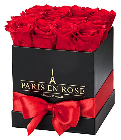 PARIS EN ROSE Rosenbox ECKIG | mit 12 roten Infinity Rosen Größe XL | eckige, schwarze Box mit Schleife | ewige Rose | 3 Jahre haltbar | Grußkarte