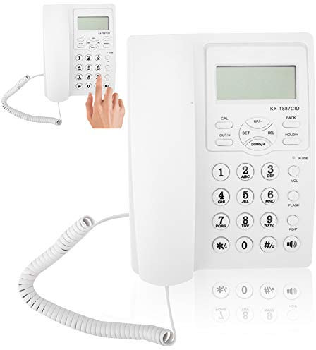 Téléphone filaire écran LCD, téléphone filaire mains libres, téléphone fixe avec haut-parleur, 3 alarmes, téléphone de bureau(Blanc)