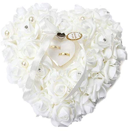 Wakects Hochzeit Ringkissen, Romantische Hochzeit Ringbox, Personalisierte Herz Form Hochzeit Ringhalter, Satin Flora Hochzeitsschmuck Zubehör, 15x13cm, Weiß