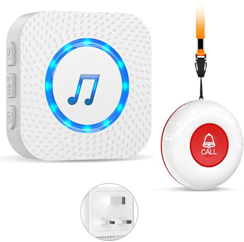 Personal Alarms For Elderly/Elderly Alarm Call Button/Sos Call Panic Button Alert/Alarm Bell For Elderly/ Patient 500ft With 1 Uk Plug-In Receiver 1 Waterproof Transmitter