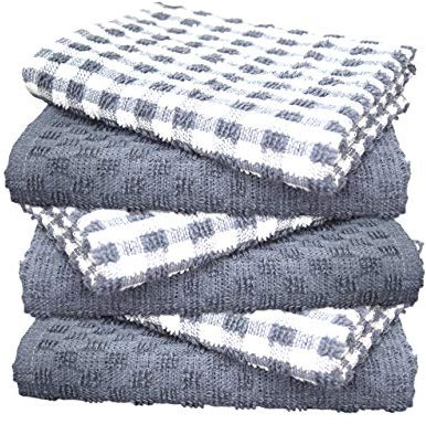 A & B TRADERS 100% Cotton Terry Tea Towels Packs (Sets of 2, 3, 6, 12 or 15) Egyptian Mono Check Superdry Soft Professional Hotel Quality Kitchen Dish Cloth (SILVER, 6)