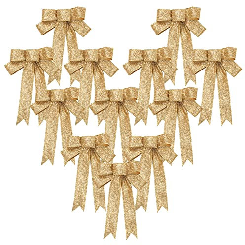 Weihnachten Dekoschleife Schleifenband 12Pcs Golden Weihnachten Deko Glitzer Schleifen Hängende Ornamente für DIY Weihnachtskränze Hochzeitsfeiertag Party Tischdekoration Geschenke Geschenkverpackung