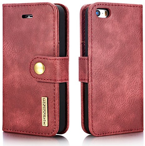 ZORSOME DG.MING for iPhone SE 2020 Genuine Leather Wallet Case, Detachable 2 in 1 Split Leather Wallet Phone Cover,Magnetic Pouch Shell Red