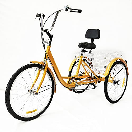 Futchoy Dreirad Für Erwachsene 24 Zoll Gelb Erwachsenendreirad mit Rückenlehne 6 Gang,3 Rad Fahrrad Dreirad mit Einkaufskorb Dreirad Trike Bike Für Erwachsene und Senioren