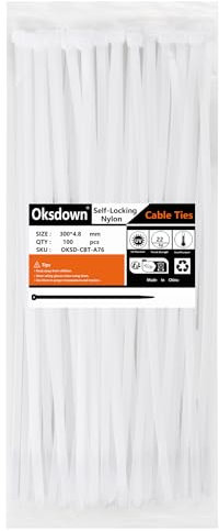 Oksdown 100 Pack White Thick Cable Ties Heavy Duty Large 300mm×4.8mm Strong Nylon Plastic Self Locking 12 inch/30 cm Clear Extra Long Zip Tie Wraps
