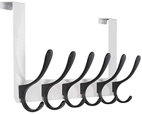 SKOLOO Türgarderobe Türhaken, Metall Türhaken Zum Einhängen mit 6 Haken, Kleiderhaken Tür für Handtuchhalter, Mäntel, Schwarz auf Weiß