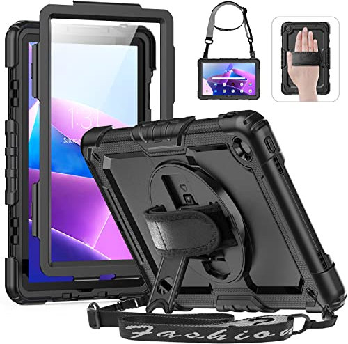 HXCASEAC Funda para Lenovo Tab M10 Plus de 3ª generación de 10.6 pulgadas con protector de pantalla, correa de mano giratoria de 360 grados, soporte protector de 3 capas M10 Plus (TB-125FU TB-128FU
