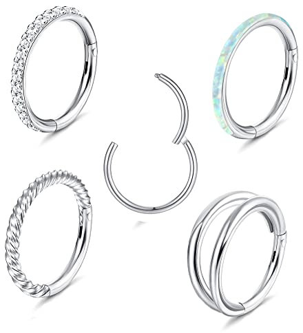 Diamday 5 Stück 18G 16G Nasenringe für Damen Clicker Klappsegment Chirurgenstahl Septum piercing Silber Nasenring Lippenringe Helix Knorpel Ohrringe Doppel Hoop Nasenring