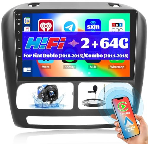 Hikity Android 15 Autoradio mit Navi für FIAT Doblo 2010-2015/Combo 2011-2018 mit Wireless Carplay Android Auto, 2GB+64GB Bluetooth Autoradio mit Bildchirm 9 Zoll HiFi GPS WiFi RDS FM CAM Mic