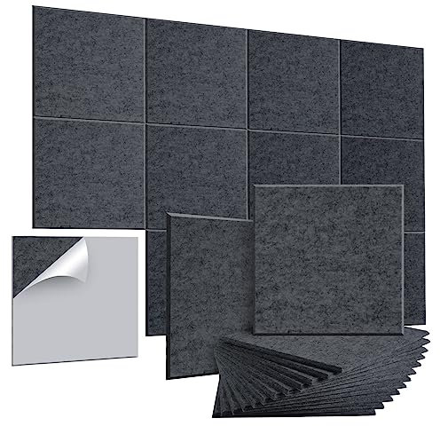 AGPTEK Lot de 12 panneaux acoustiques autocollants 30 * 30 * 0.9cm, Mousses acoustiques auto-adhésive, Traitement acoustique anti-bruit haute densité pour studio et bureau (Gris foncé+autocollant)