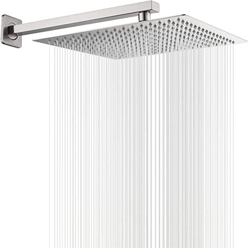 GGStudy Brushed Nickel Rain Shower Head with Extension Arm 16 Inch Square Shower Head with 16 Inch Shower Arm Large Stainless Steel Rain Shower Head Waterfall Full Body Cover