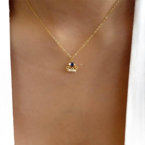 TseenYi Vintage Krone Anhänger Halskette Boho Krone Blau Kristall Halskette Gold Krone Tiara Anhänger Halskette Glanz Cz Krone Halskette Oval Blau Edelstein Halskette Schmuck Für Frauen Mädchen