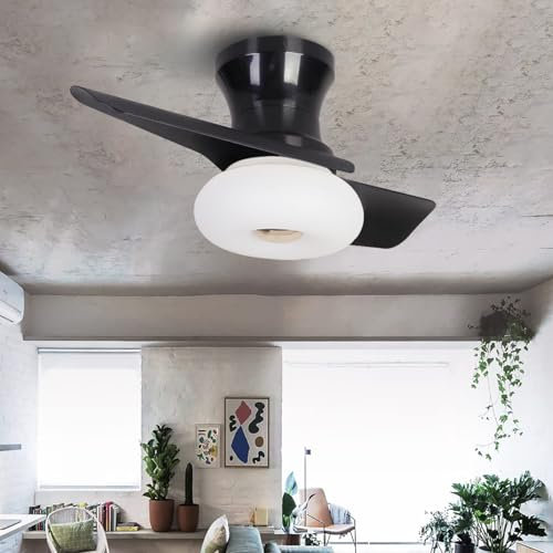 YFouCnd I Ceiling Fans with Lights, 24 Inch Low Profile Ceiling Fan with Light and Remote Control, Dimmable Reversible 6 Speed Noiseless Ceiling Fan Light for Bedroom Kitchen Dining Room Patio-Black