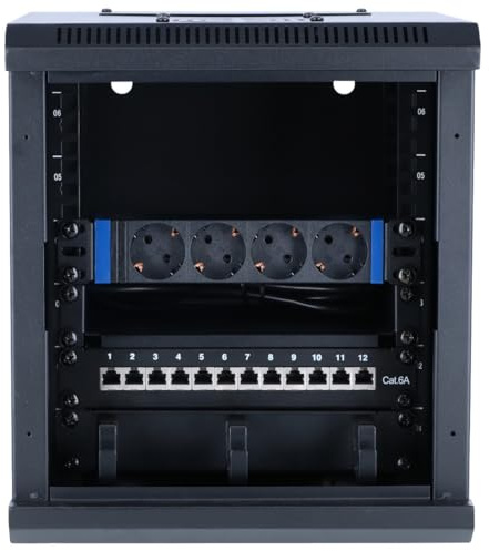 DSIT 10 Zoll Set: 6HE Netzwerkschrank zur Wandmontage – Fachboden – Steckdosenleiste – Kabelführungsleiste – CAT6A STP Patchpanel