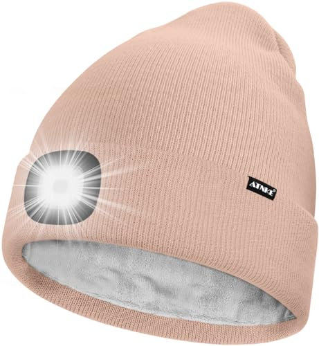 ATNKE LED Mütze mit Licht,Wiederaufladbare USB 4 LED Beleuchtete Laufmütze Extrem Heller Lampe Winter Warme Gefüttertes Fleece Stricken Mütze für Herren und Damen Geschenke/Skin Pink